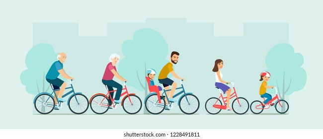 Active family riding on bicycles. Flat vector illustration