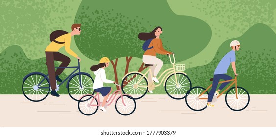 Active family riding on bike at forest park vector flat illustration. Mother, father, daughter and son cycling together. Parents and kids enjoying healthy lifestyle. Recreational outdoor activity