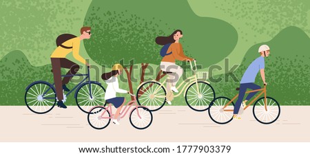 Active family riding on bike at forest park vector flat illustration. Mother, father, daughter and son cycling together. Parents and kids enjoying healthy lifestyle. Recreational outdoor activity