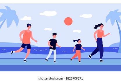 Active family running on beach. Parents, kids, jogging by sea flat vector illustration. Sport, family activity, summer vacation concept for banner, website design or landing web page