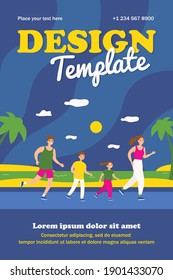 Active family running on beach. Parents, kids, jogging by sea flat vector illustration. Sport, family activity, summer vacation concept for banner, website design or landing web page