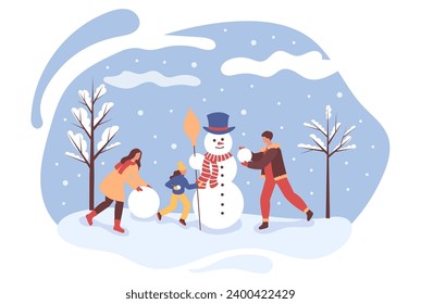 Active family sculpts a snowman. Mother, father and daughter play outdoors together. Winter fun skit.