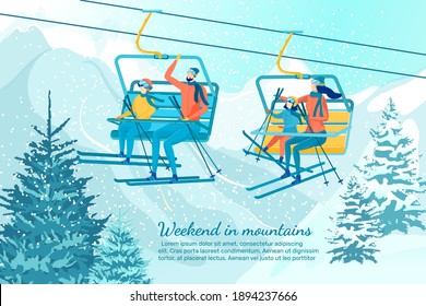 Aktive Familienzeit im Wintersportort. Mama, Papa und ihre beiden Kinder, Sohn und Tochter, die Skiausrüstung tragen, Rollstuhlstuhl. Weekend in Mountains Banner, Kopiere Platz für Extra Text.