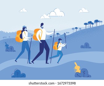 Active Family Travel Together. Father, Mother and Daughter Tourists Hiking, Walking Outdoor at Vacation Time on forest Landscape Background. Leisure and Recreation. Flat Vector Illustration.