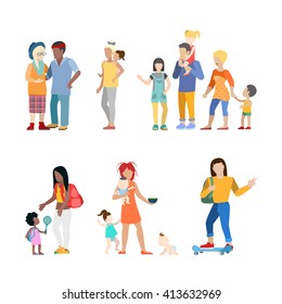 Active Family Urban Young People Parents Parenting Nursing Babysitting Babysitter Couple Flat Web Infographic Concept Vector Icon Set. Creative People Collection.