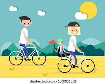 Active family vacation. Dad mom and their child in a child seat riding on bicycles in countryside. Flar cartoon design