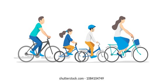 Active family vacation. Father, mother, son and daughter are riding on bicycles. Vector illustration.