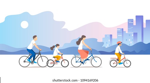 Active family vacation. Father, mother, son and daughter are riding on bicycles. Vector illustration.