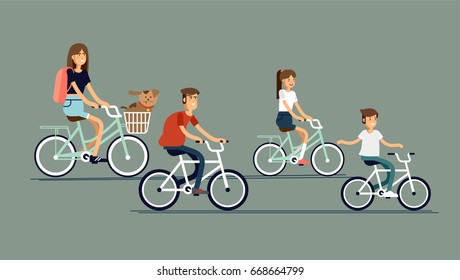 Active family vacation. Father mother, son and daughter are riding on bicycles in the park. Vector illustration of a flat design