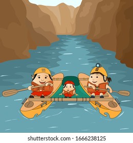 Active family vacations - dad, mom and child rafting on the river in the mountains on a catamaran. Joint sport. Mountain landscape with sheer cliffs. Friendly family together.