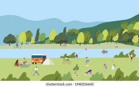 Active family weekend in the forest by the lake with a barbecue, walks. People having a rest on a picnic in nature.People in the park.Vector illustration. 