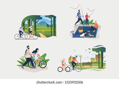 Active family weekend illustration set. People riding bikes outdoors, hiking, fishing, enjoying picnic. Activity concept. Vector illustration for posters, banners, flyers