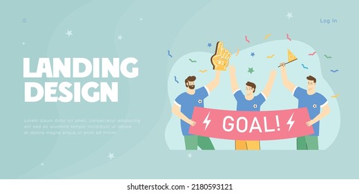 Active fans cheering for favorite soccer team at match. Group of happy people holding banner with word goal flat vector illustration. Celebration, sports concept for website design or landing page