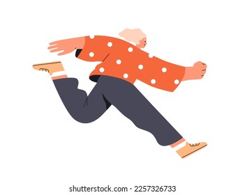 Active fast young girl rushing, hurrying on businesses. Happy excited energetic ambitious woman running to aim. Enthusiasm, energy concept. Flat vector illustration isolated on white background