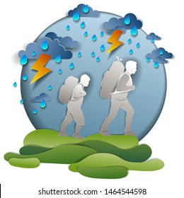 Active father and son hiking in storm with lightning and rain, motivation, survival test. Vector illustration of stormy weather with hiking guys carrying backpacks, dark cloudy sky, holidays.