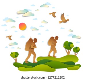 Active father and son hiking through meadows and fields with trees and birds in the summer sky. Fatherhood, good paternity, hiker men having time of freedom in nature, summer holidays, vector.