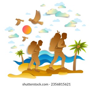 Active father and son hiking through sea beach with palms and sea waves in background, birds in the sky. Fatherhood and paternity, teenager son, hikers in nature, summer holidays, vector.