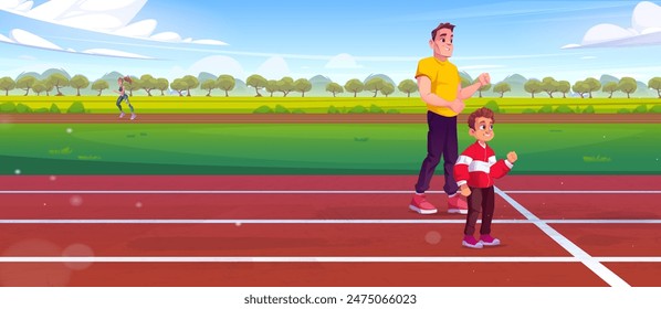 Active father and son running on stadium. Vector cartoon illustration of happy dad jogging with kid, enjoying outdoor workout together, active athletes training on sunny summer day, healthy lifestyle