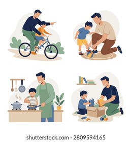Active father teaching his little son valuable life skills including cycling and cooking in flat vector character set