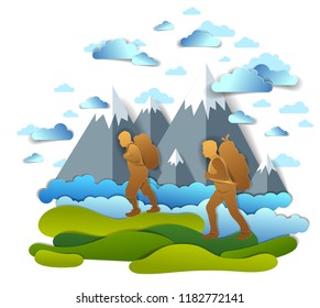 Active father and teenage son hiking through grasslands to mountains, clouds in the summer sky. Fatherhood, hiker men having time of freedom in nature summer holidays, vector illustration.  