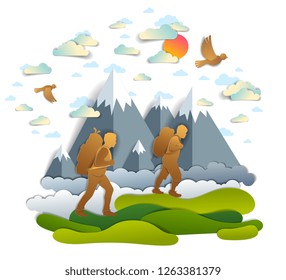Active father and teenage son hiking through grasslands to mountains, birds in the summer sky. Fatherhood, hiker men having time of freedom in nature summer holidays, vector illustration.