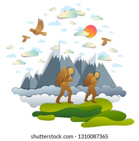 Active father and teenage son hiking through grasslands to mountains, birds in the summer sky. Fatherhood, hiker men having time of freedom in nature summer holidays, vector illustration.