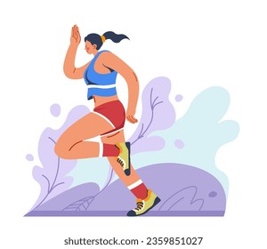 Active female character wearing sportive clothes running or jogging in woods or forest. Training and working out, cardio exercises and preparation on marathon. Vector in flat style illustration