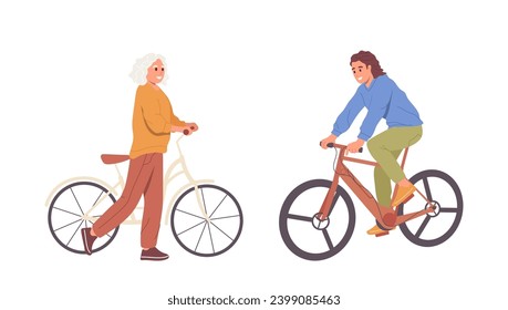 Active female isolated set with young and senior women riding bicycle isolated on white background