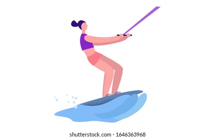 Active female practicing extreme sport wakeboarding vector flat illustration. Woman in swimsuit enjoying summer outdoor activity surrounded by water waves isolated on white background