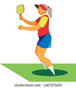 Active Female Senior Age Is A Pickle Ball Player On The Court