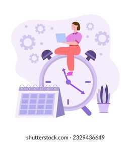 Active female sitting on big clock and planning. Effective work scheduling, multitasking concept with clock, calendar. Office productivity, workflow. Vector illustration in purple colors