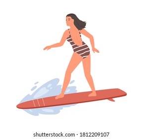 Active female in swimsuit standing on surfboard vector flat illustration. Sportswoman ride on wave enjoying extreme sports isolated on white. Smiling woman surfer in beachwear at sea or ocean