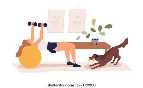 Active female training with aerobic ball and dumbbells vector flat illustration. Woman in sportswear practicing home workout isolated on white. Girl enjoying healthy lifestyle doing sports exercise