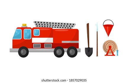 Dispositivos de protección contra incendios activos con manguera de fuego rodada y conjunto de vectores de cubos de incendio