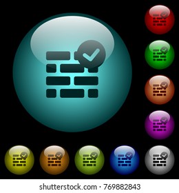 Active firewall icons in color illuminated spherical glass buttons on black background. Can be used to black or dark templates