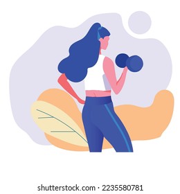 Jóvenes en activo entrenando con campanas de dumbal para una buena figura corporal. Chica drogada en entrenamiento de ropa deportiva sigue un estilo de vida saludable. Ilustración vectorial.