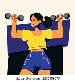 Active fit young woman with dumbbells training for good body figure. Toned girl in sportswear workout do sports follow healthy lifestyle. Vector illustration.