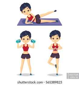 Active fitness girl lifts weights and exercises. Vector character illustration in different poses in cartoon style. cartoon vector illustration eps10.