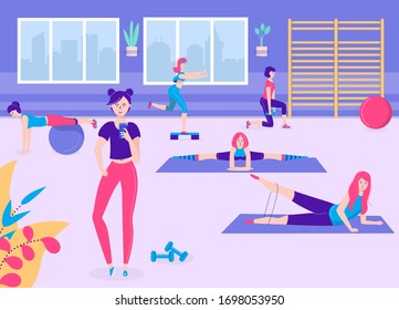 Active fitness girl vector illustration. Cartoon flat young sporty woman characters in sportswears do sport exercises in gym interior, fit people training beautiful body. Healthy physical activity
