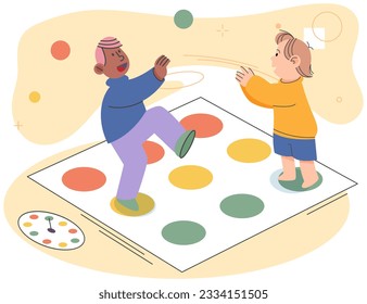 Active floor standing twister game for family. Children, boy and girl, sister and brother, little son and daughter playing in Living Room. Fun and joyful time at home, engaged in funny game playing