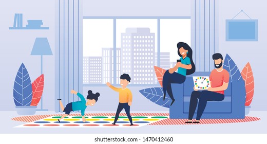 Active Floor Standing Twister-Game for Family. Children, Boy and Girl, Sister and Brother, Son and Daughter Playing with Parents in Living Room. Fun and Joyful Time at Home. Vector Flat Illustration