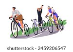 Active friends group cycling, riding bicycles together. Cyclists, bike rider in helmets, road track, travel. Healthy sport activity in nature. Flat vector illustration isolated on white background