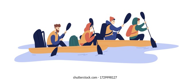 Active friends rafting on boat at river vector flat illustration. Group of backpack people enjoying extreme lifestyle isolated on white. Man and woman hold paddle floating on water together