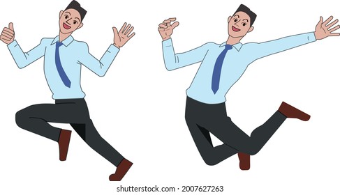 An active full-body image of a man running and jumping happily with a smile on his face