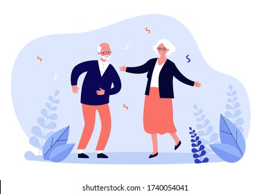 Active funny old couple dancing at party. Grandparents celebrating anniversary. Vector illustration for senior age, retirement, having fun, celebration concept