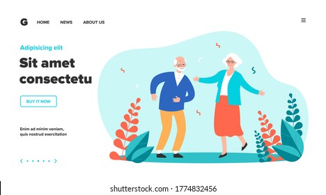 Active funny old couple dancing at party. Grandparents celebrating anniversary. Vector illustration for senior age, retirement, having fun, celebration concept