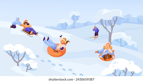 Active funny winter game, snowy season, vacation lifestyle. Smiling happy girl doing snow tubing on hill. Outdoor wintertime activity, cheerful kid sliding. Joyful childhood. Vector illustration
