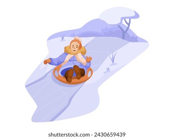 Active funny winter game, snowy season, vacation lifestyle. Smiling happy girl doing snow tubing on hill. Outdoor wintertime activity, cheerful kid sliding. Joyful childhood. Vector illustration