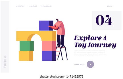 Active Game Website Landing Page. Man Building House of Colorful Plastic Constructor Blocks Standing on Ladder. Male Character Playing with Kids Toys Web Page Banner. Cartoon Flat Vector Illustration