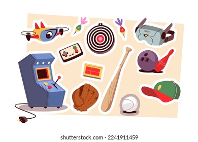 Las herramientas de juegos y el equipo activos configuran la ilustración vectorial. Bowling, béisbol, juegos de ordenador, vr y máquina tragaperras concepto de estilo plano
